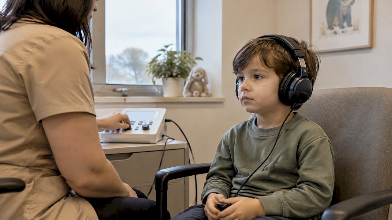 Child wearing headphones during a hearing screening