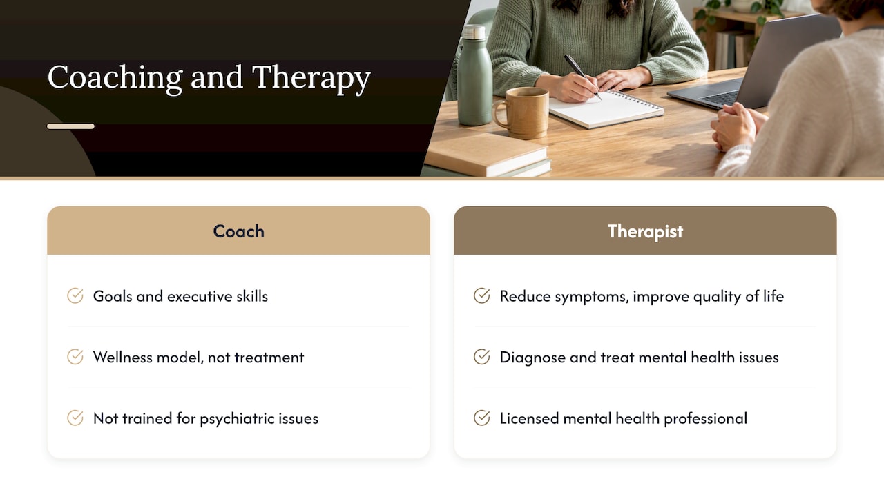 Comparison of ADHD coaching and therapy roles